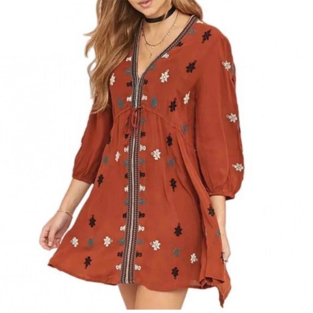 Free People Stargazer Embroidered Midi Dress‎ In Copper. Size S